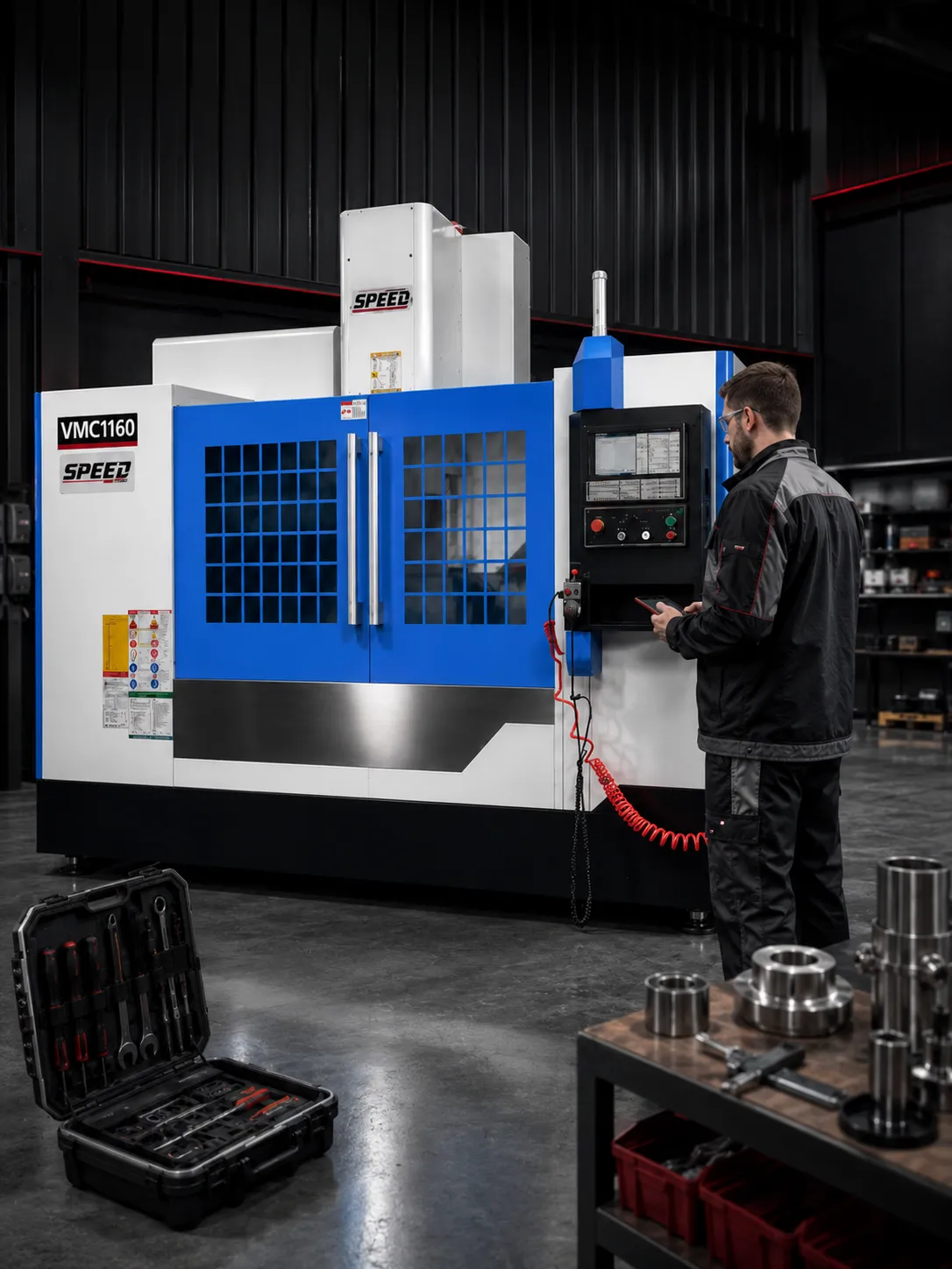 Técnico da New Way operando o painel de controle do centro de usinagem CNC VMC 1160, com ferramentas e peças de precisão em primeiro plano